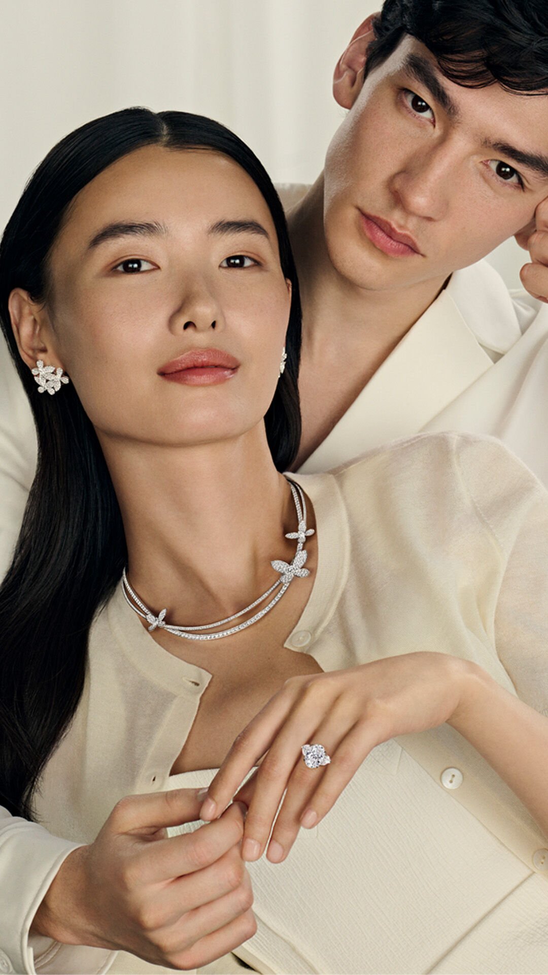 Valentine's Day - images show model wearing Graff Butterfly collection jewellery and male model wearing Graff watch