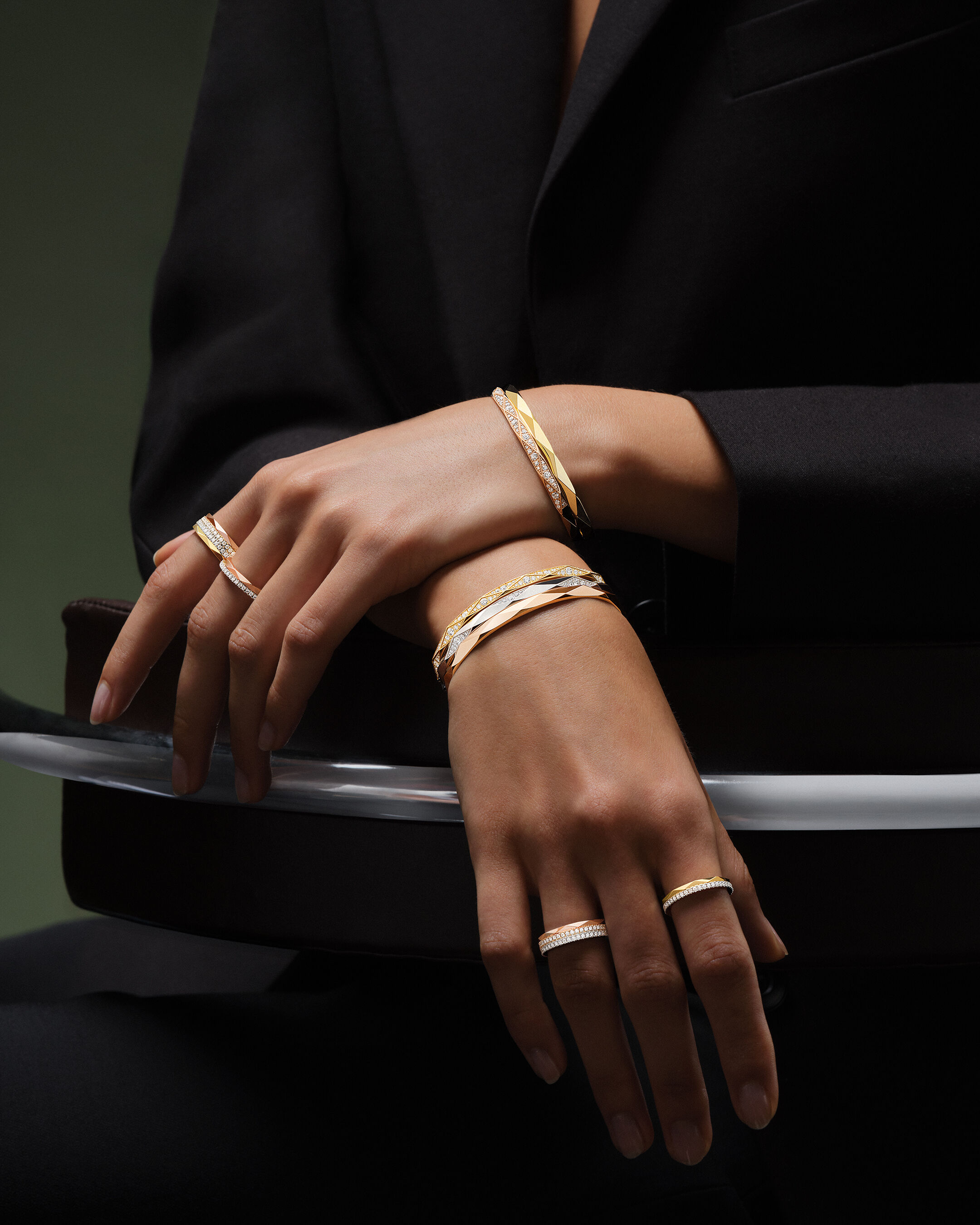 Laurence Graff Signature - image shows model wearing Laurence Graff Signature rings and bangles 