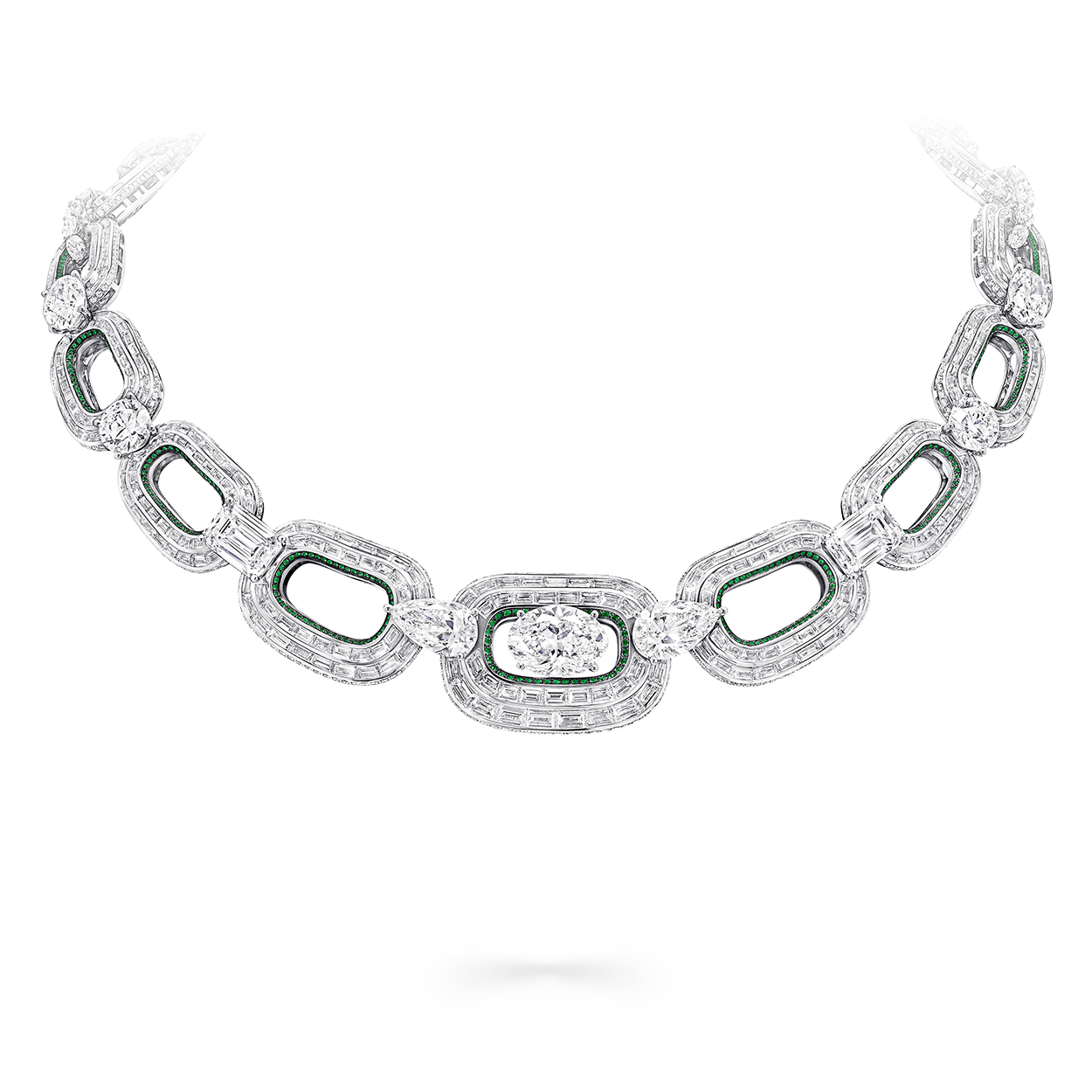Image shows Graff White Diamond and Emerald High Jewellery necklace