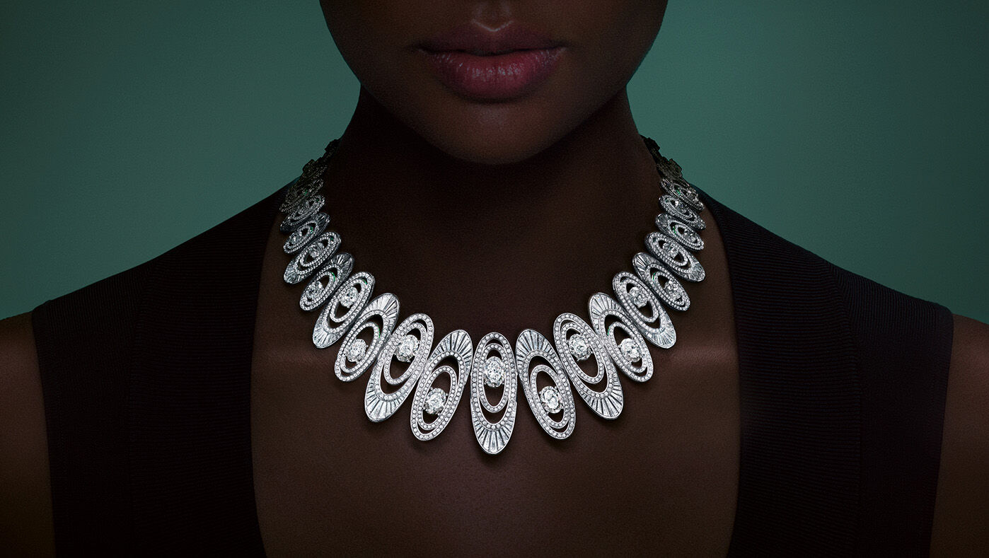 1953 - image shows model wearing Graff 1963 high jewellery necklace