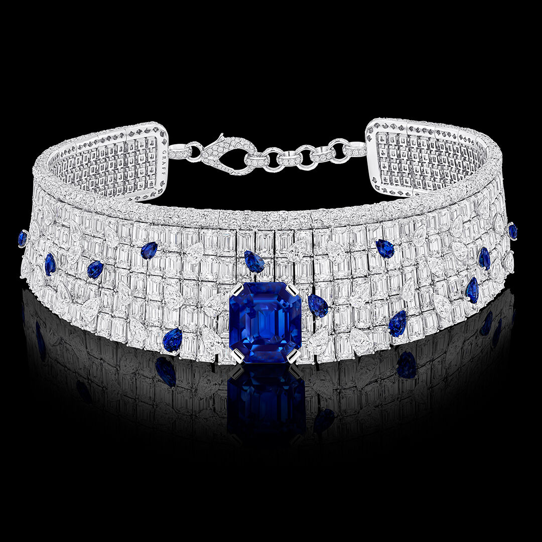Image shows Graff sapphire and white diamond high jewellery necklace
