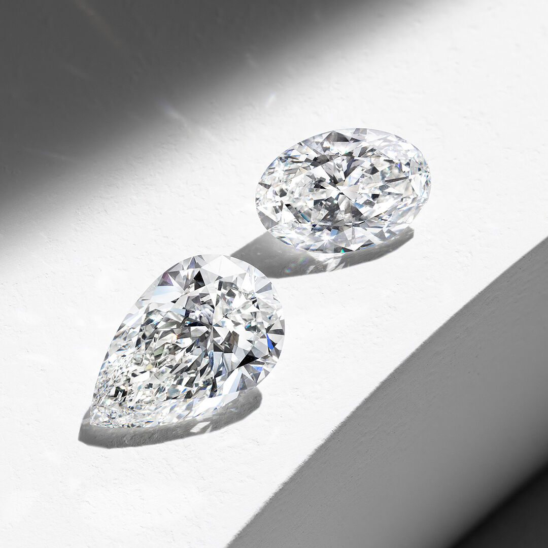 A guide to Diamond Clarity- image shows loose Graff Pear Shape and Oval diamonds.