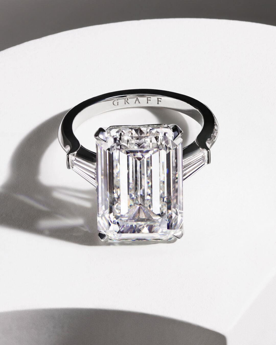 Image shows Graff Diamond Emerald Cut engagement ring