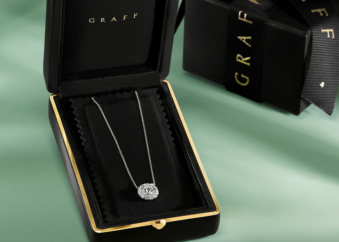 Anniversary gifts - Image shows Graff Icon Round Diamond Pendant in Graff Gift Box