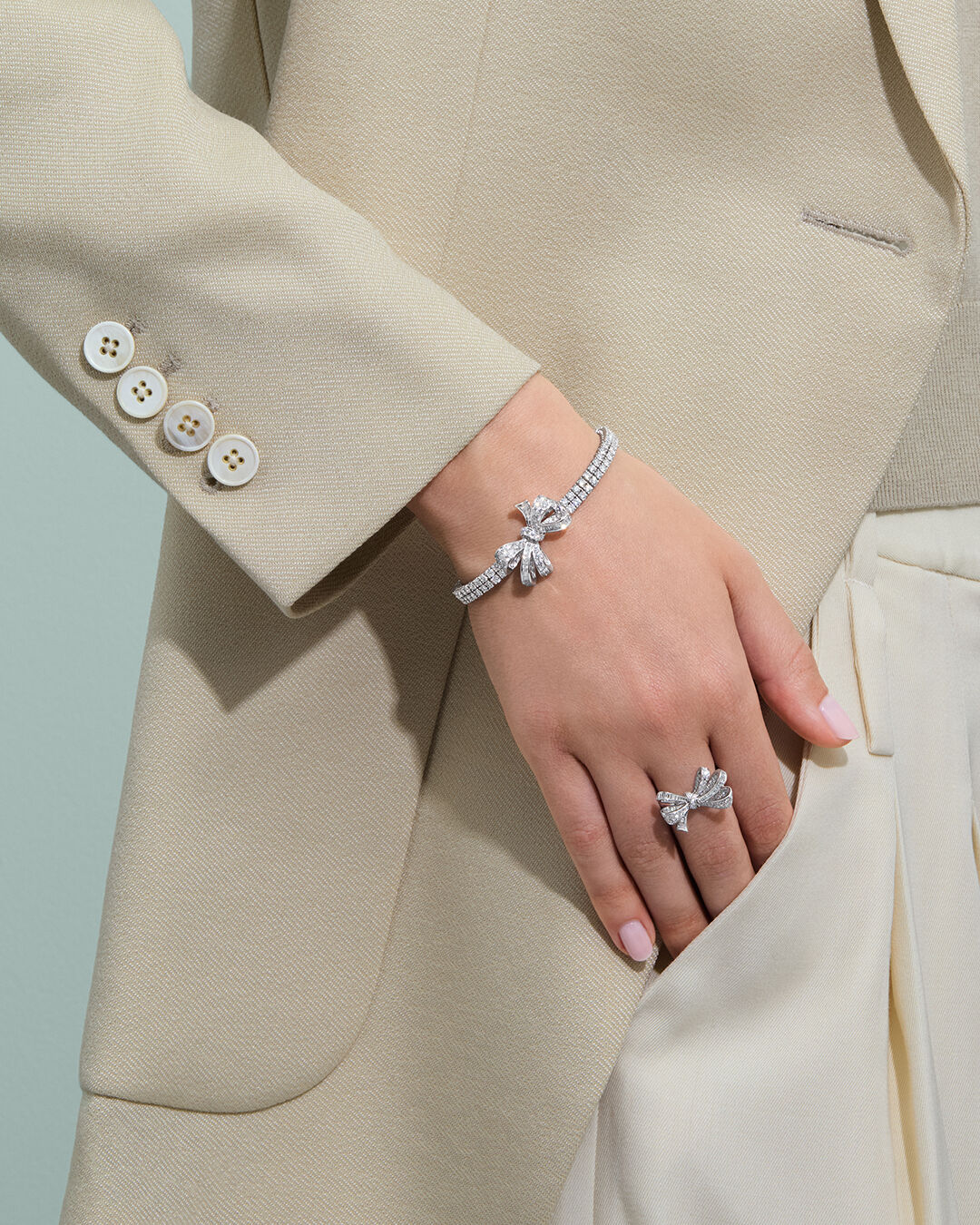Image shows Graff Tilda's Bow necklace and ring 