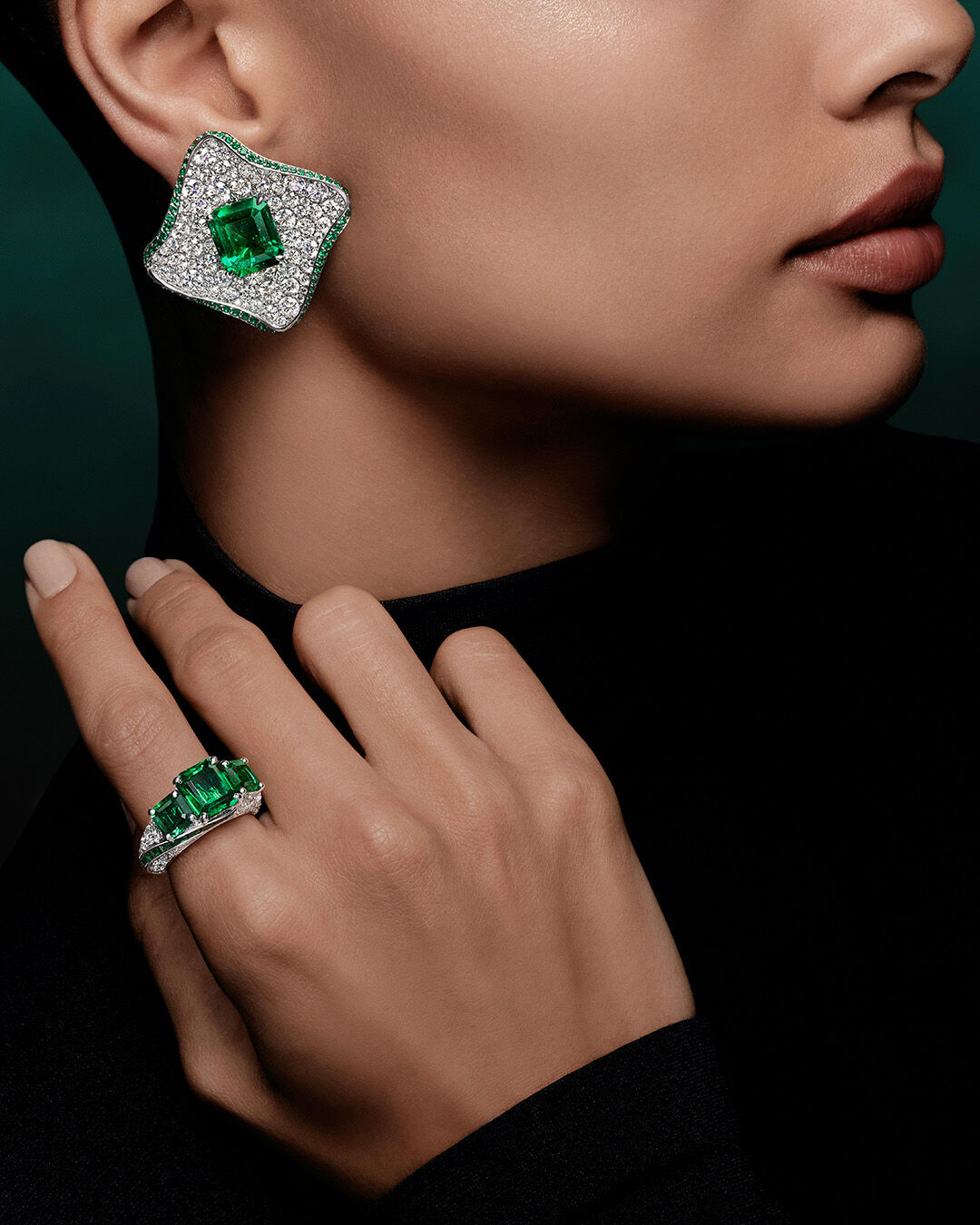 Image shows Graff Emerald and White Diamond High Jewellery bangle being created in Graff workshop