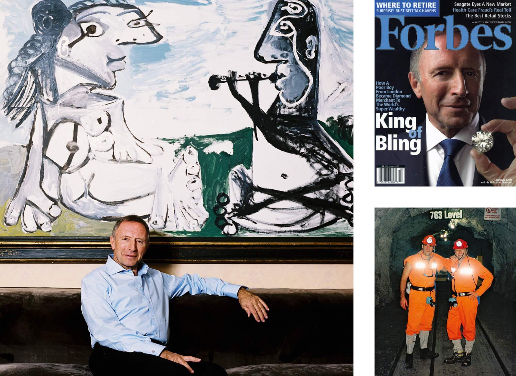 images of Mr Laurence Graff OBE sitting on a sofa, on the Forbes cover and in a mine with his son Mr Francois Graff