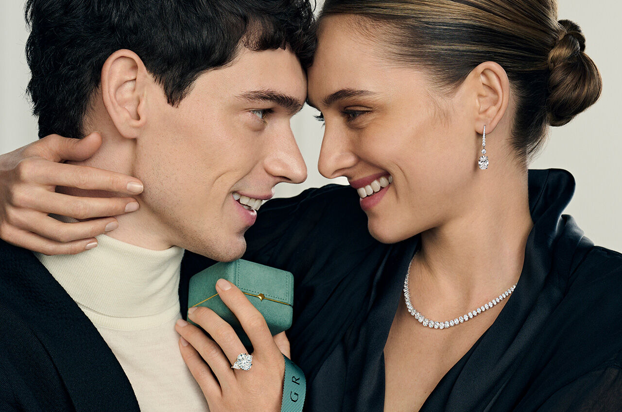 Bridal Guides - image show female and male model wearing Graff bridal jewellery