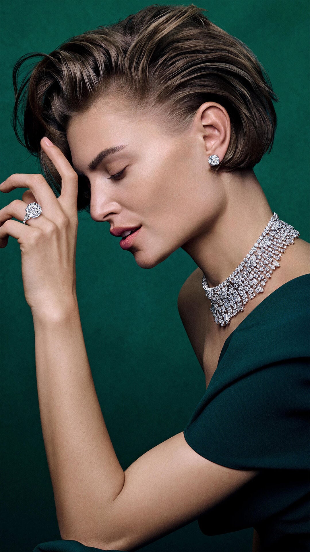 Video shows model wearing Graff White Diamond High Jewellery suite
