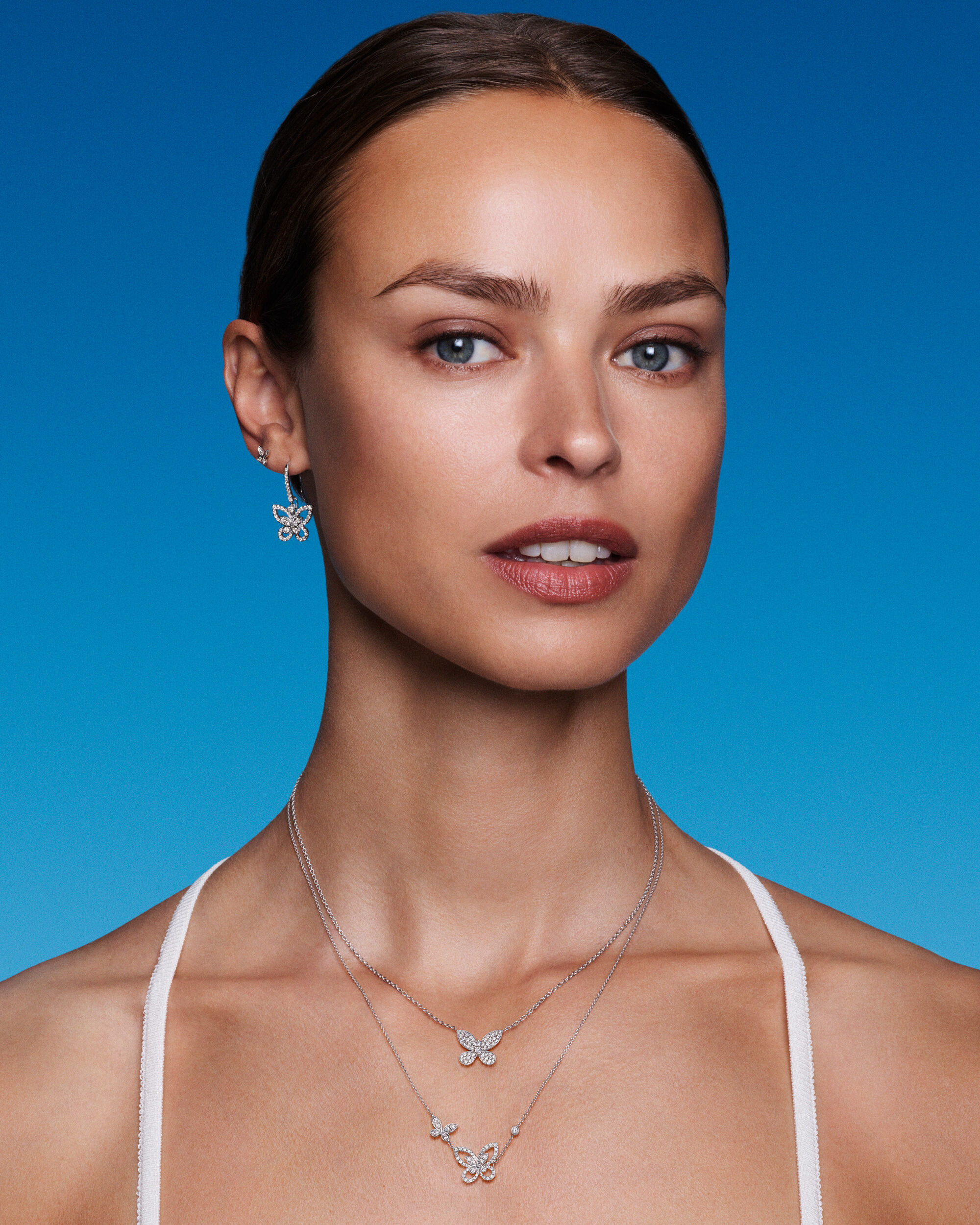 Model wearing diamond jewellery from the Graff Butterfly collection