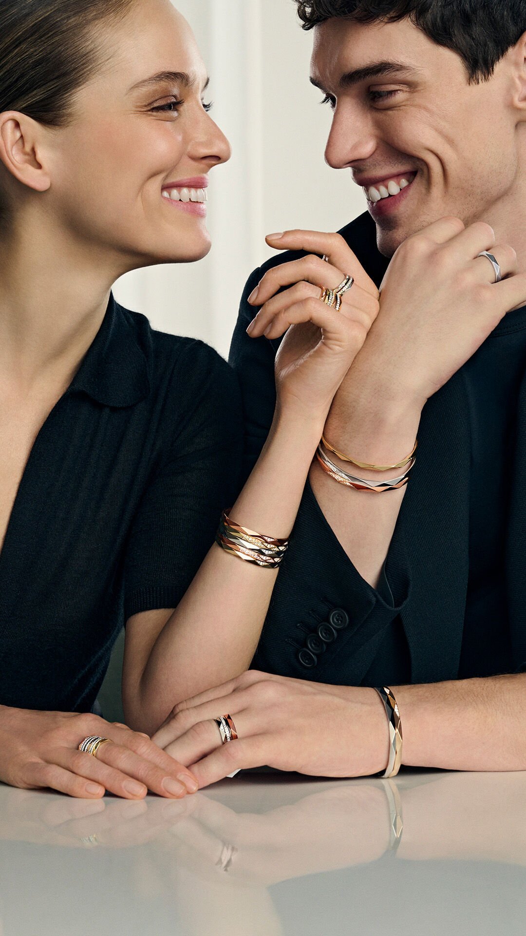 Valentine's Day - images show model wearing Graff Butterfly collection jewellery and male model wearing Graff watch