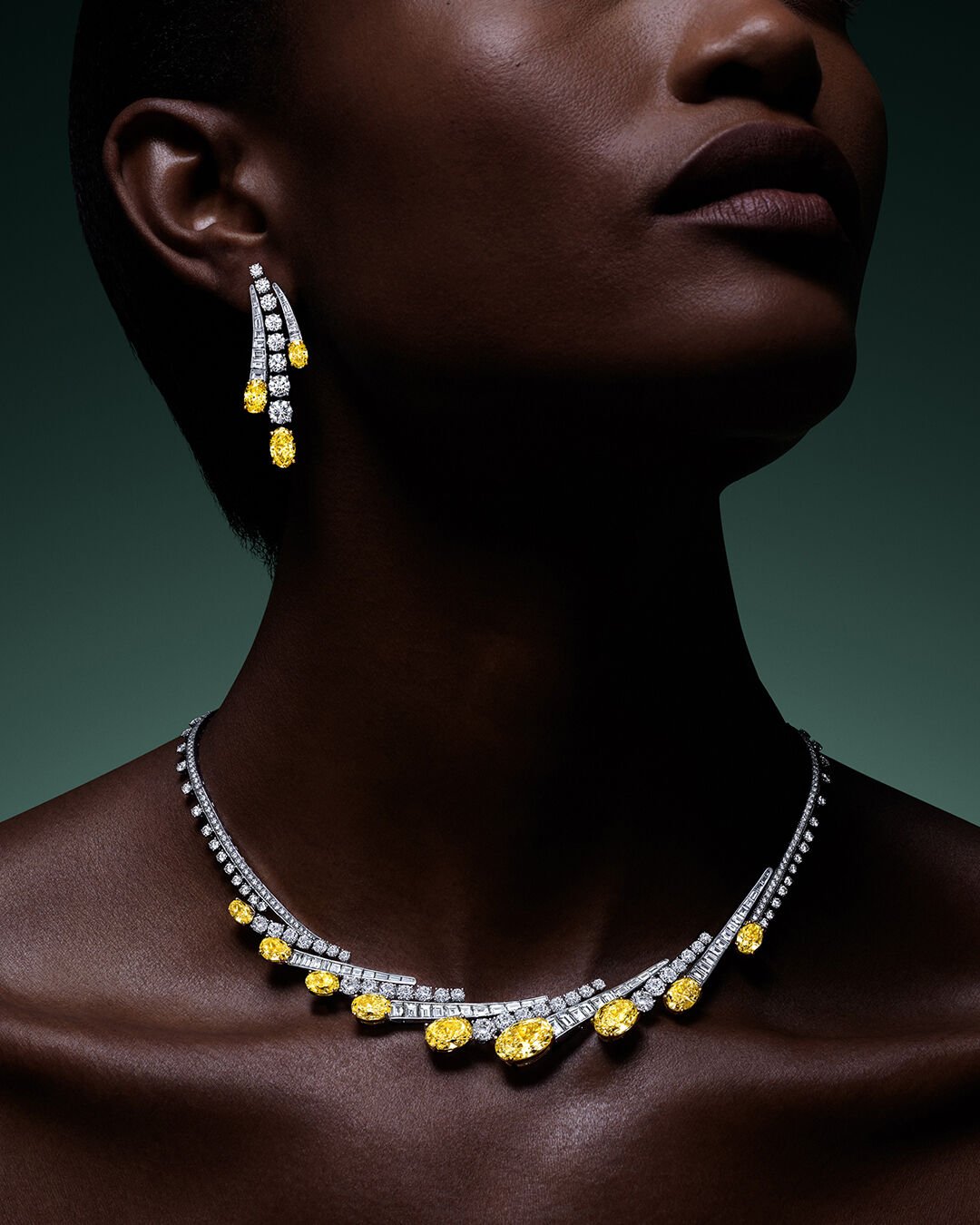 Image shows model wearing Graff Yellow Diamond High Jewellery 