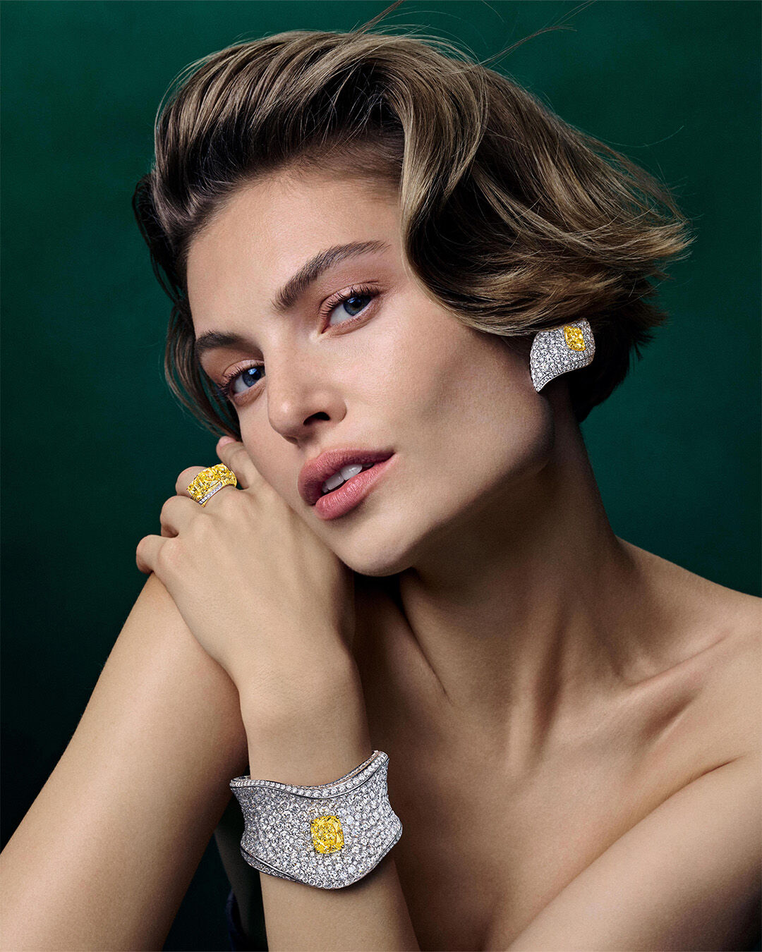 Image of model wearing Graff Galaxia Yellow Diamond High Jewellery suite