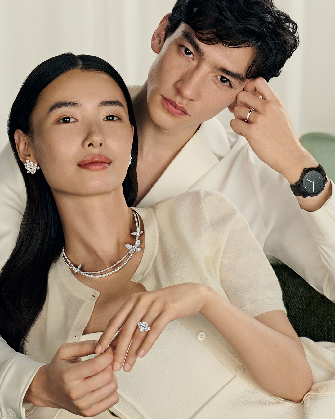 Image shows model wearing Graff Butterfly diamond jewellery
