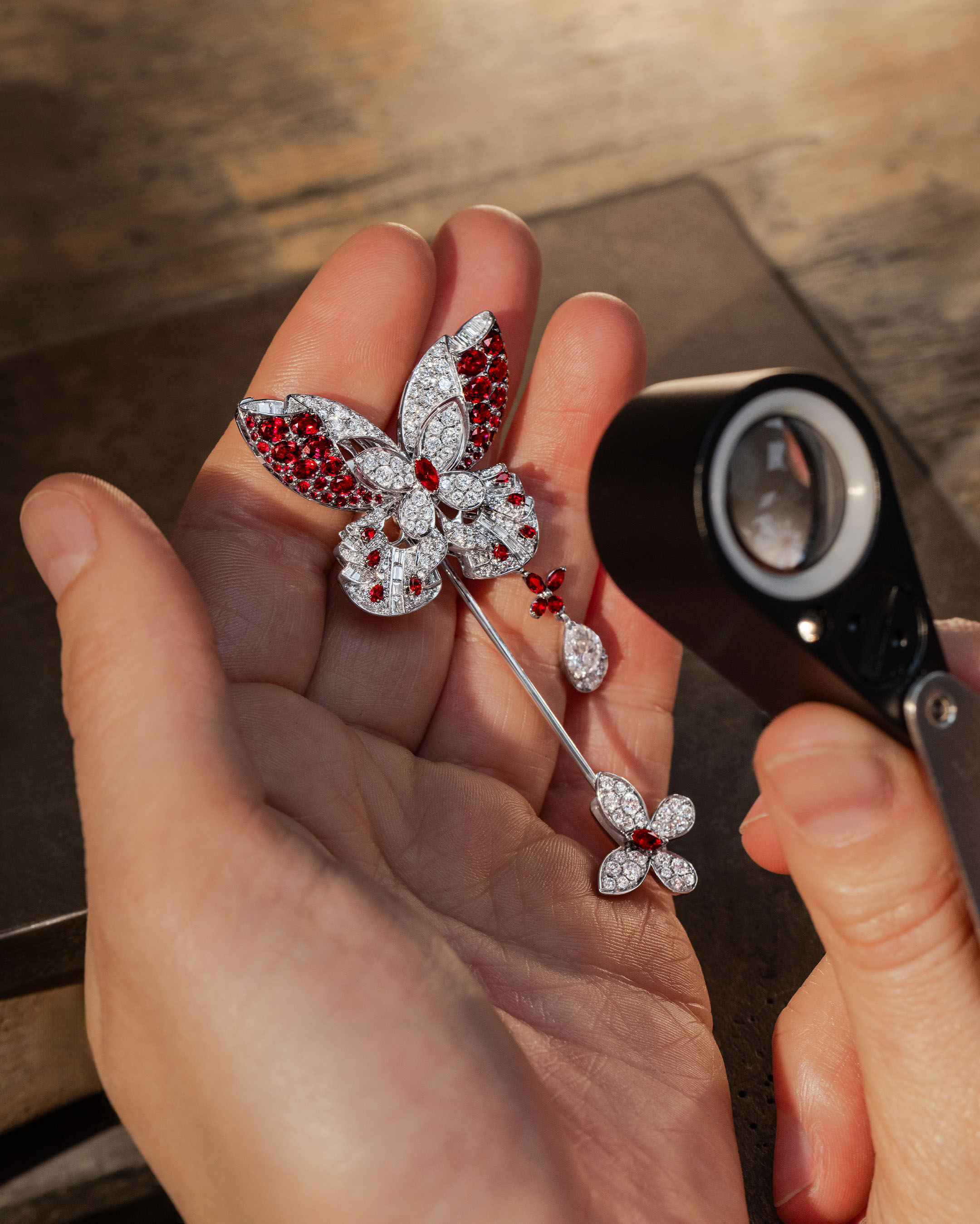 Image shows Graff Butterfly brooch being created in Graff workshop