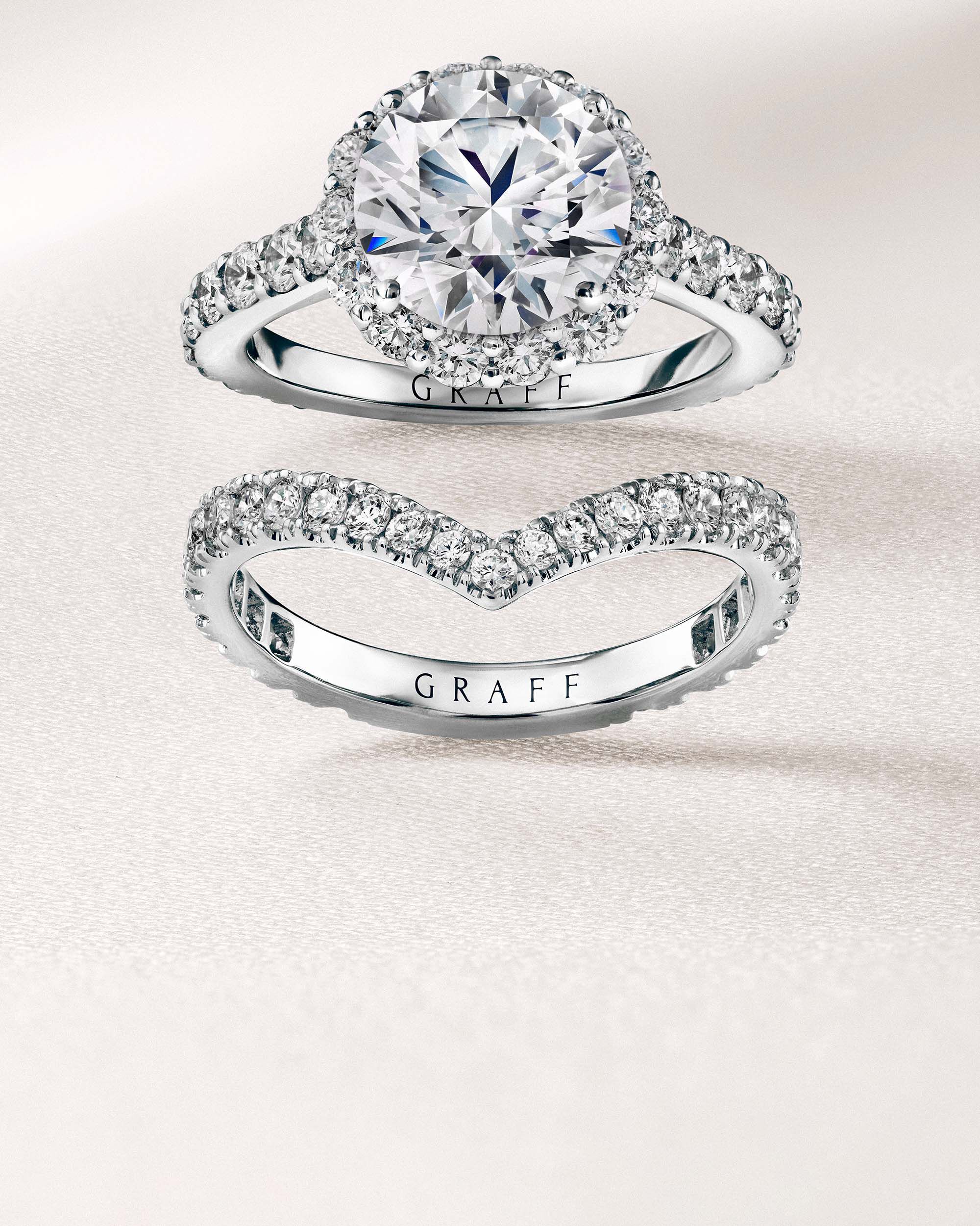 Image shows Graff Icon Engagement and V shape diamond wedding band 